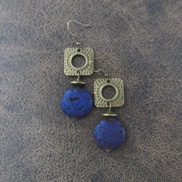 Blue lava rock and antique bronze dangle earrings 