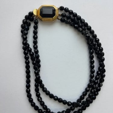 Vintage Glass Beads, Black Glass Bead Tri Strand, Vintage Strand Choker, Choker Bead Necklace 