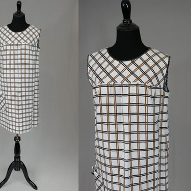 60s Windowpane Dress - Sleeveless White Black Brown Shift - Batelli - Vintage 1960s - M L 