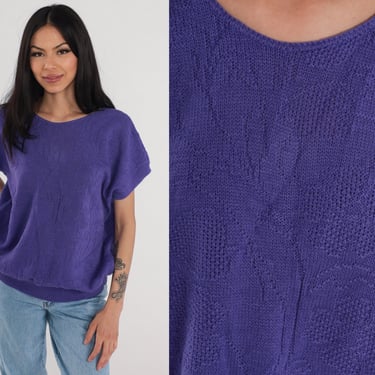 Purple Sweater Top 80s Floral Knit Shirt Short Sleeve Sweater Scoop Back Retro Flower Print Banded Hem Blouse Vintage 1980s Medium Large 