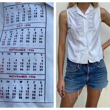 50s Novelty Blouse / Calendar Girl Print 1956 / Mad Men Betty Draper Tank Top / Button Up Shirt / Set a Date! Shirt / Collar Blouse 