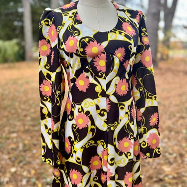 Vintage 1970s Psychedelic Floral Maxi Dress - Brown and Yellow Tones - Empire Waist 
