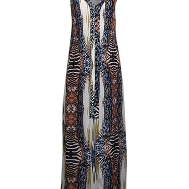 SW3 - Cream, Black, & Orange Multi Color Print Maxi Dress Sz S