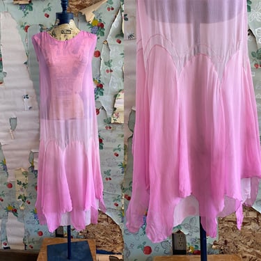 Antique 1920s Sheer Pink Ombré Drop Waist Scalloped Flapper Dress. Small. By Copperhive Vintage. 