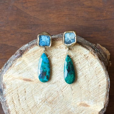 Sinker Earrings - Brass, Aquamarine + Chrysocolla