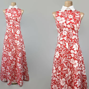 VINTAGE 60s Red and White Subtly Sheer Floral Empire Waist Maxi Dress | 1960s Long Collared Hostess Dress | VFG 