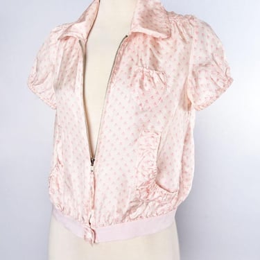 Marc Jacobs Pink 100% SILK Jacket Blouse, SMALL, Size 2, Zipper Front, Designer 1990's Vintage, Girly, Sweet, Polka Dot, Short sleeves Top 