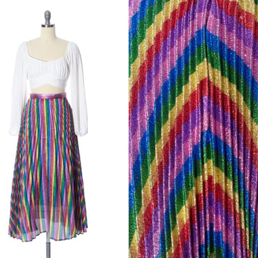 Vintage Style Skirt | Modern 1950s Inspired Metallic Rainbow Striped Lurex Lamé Sparkly Accordion Pleated High Waisted Full Party Skirt (xs) 