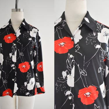 1970s Black, Red, and White Floral Knit Blouse 