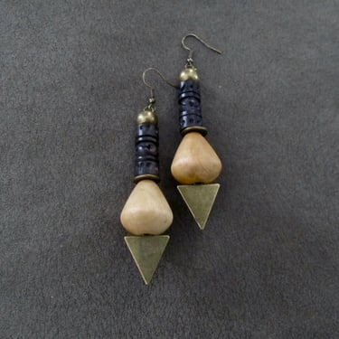 Oversized carved wooden geometric mid century modern earrings 