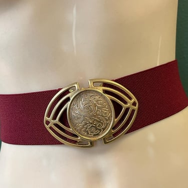 wine red stretch belt 80s elastic gold embossed eye buckle plus size belt 1X 2X 