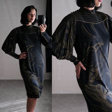 Vintage 60s LEONARD PARIS Black & Gold Silk Mutton Sleeve Henna Dress | Made in France | 100% Silk Jersey Mikado | 1960s Designer Silk Dress 