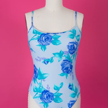 Vintage 90s Floral Baja Blue Floral Rose Print One-Piece Swimsuit with Lace-Up Back and Matching Skirt 