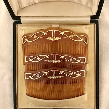 French Art Nouveau Edwardian 9K Gold 3 Pc Combs w Case Gourdel Vales & Co J C Vickery 