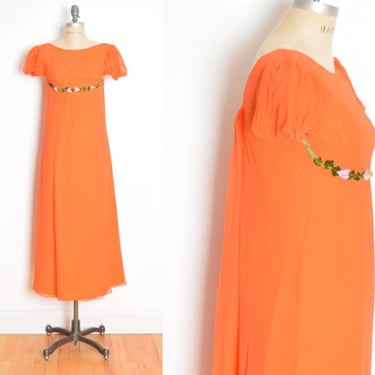 vintage 60s dress orange chiffon high empire waist watteau train maxi gown XS clothing 