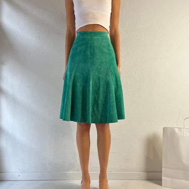 70s Green Suede Leather Midi Skirt / XS 