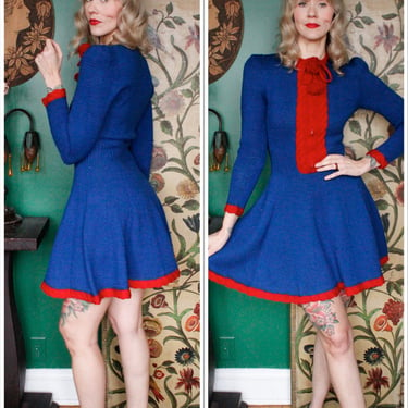RARE 1940s Red & Blue Hand Knit Wool Ice Skating Dress 