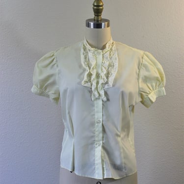 Vintage 1940s 50s Pale Yellow Nylon ruffled blouse top shirt  // Modern Size US 4 6 Small 