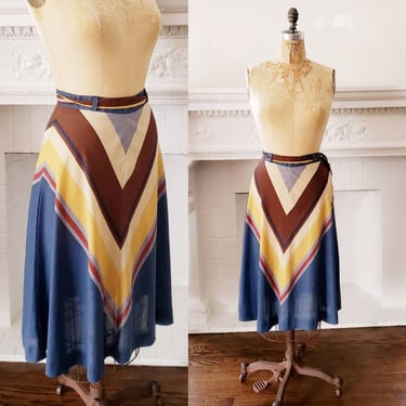 1970s Chevron Striped Midi Skirt / 70s Print Skirt Summer A Line Sash Tie Belt / Tattoo of California / S 