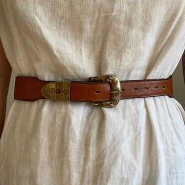 Vintage 90s Justin Brown Leather Western Cowgirl Floral Belt Buckle Belt Sz 30 