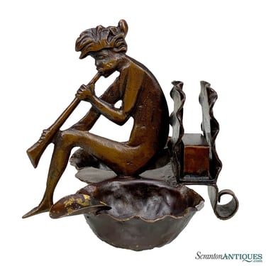 Antique Art Nouveau Brass Figural Nude Flutist Match Stand Ashtray