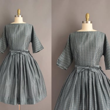 1950s dress | Turquoise Blue Gold Metallic Stripe Print Full Skirt Dress | Medium | 50s vintage dress 