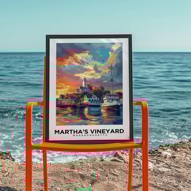Martha's Vineyard Lighthouse Travel Poster - Coastal Beach Home Decor Wall Art Print with Ferry Boat 