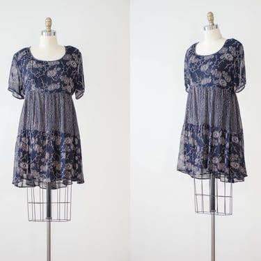 chiffon mini dress | 90s vintage navy brown daisy sunflower floral loose oversized tiered flowy short dress 