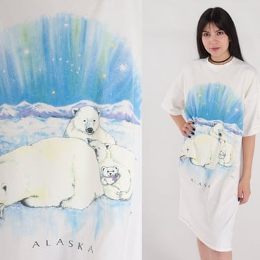 Alaska T-shirt Dress 90s Polar Bear Dress Travel Souvenir Winter Wildlife Northern Lights Graphic T Shirt Vintage 1990s Small Medium Large 