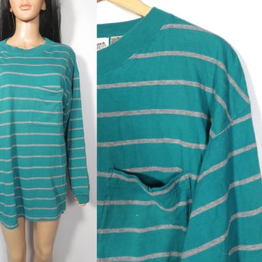 Vintage Teal Striped Long Sleeve All Cotton Pocket Tee Size L 