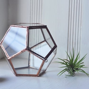 Universe Terrarium Kit, small dodecahedron glass terrarium with a hinged door -- stained glass -- copper or silver color -- eco friendly 