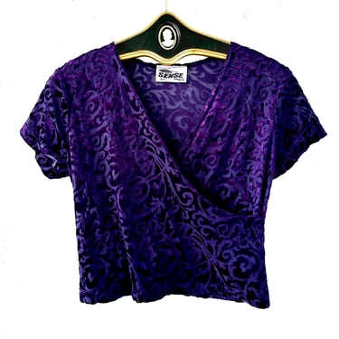 Vintage 90s Velvet Shirt 1990s Purple Wrap Top 