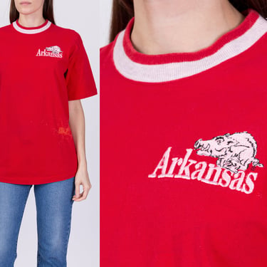 90s University Of Arkansas Razorbacks T Shirt - Unisex Medium | Vintage Red Embroidered Mascot Ringer Tee 