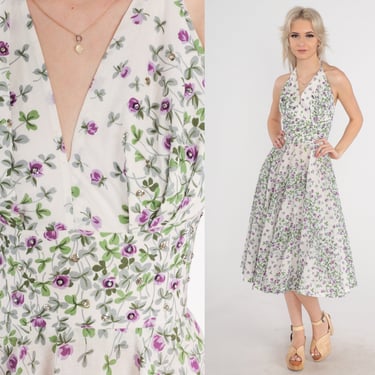 1950s Floral Sundress White Sequin Halter Neck Dress Cotton Dress Garden Party Midi 50s Sun Purple Green Beaded V Sleeveless Vintage 2xs 