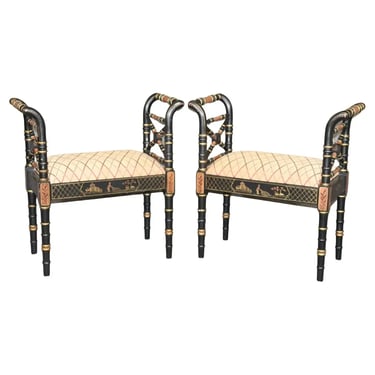 Matched Pair Black Chinoiserie Paint Decorated Faux Bamboo Directoire Benches
