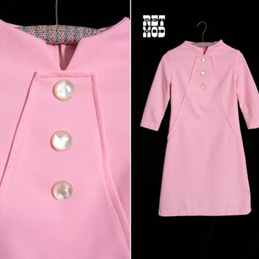 Space Age Vintage 60s 70s Pastel Pink Polyester Dress with Buttons 
