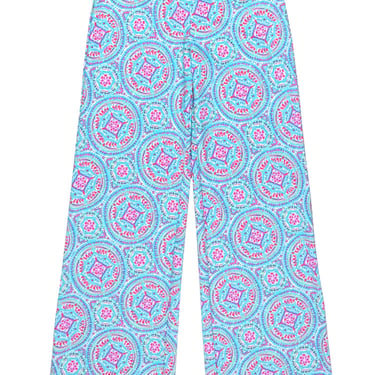 Helen Jon - Aquamarine Blue & Hot Pink Paisley Print Beach Pants Sz S