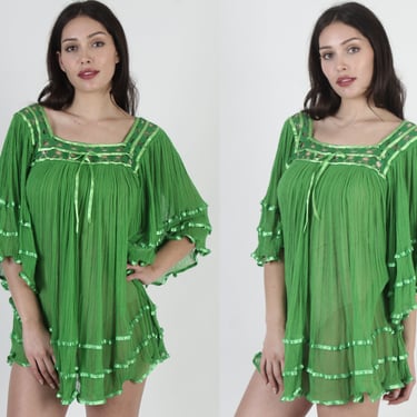 Lime Green Cotton Gauze Micro Mini Dress / Vintage Mexican Crochet Kimono / Angel Sleeve See Through Sun Vacation Cover Up 