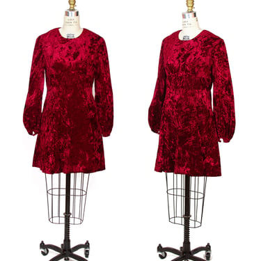 1960s Dress ~ Burgundy Red Crushed Velvet Bishop Sleeve Mini Dress 