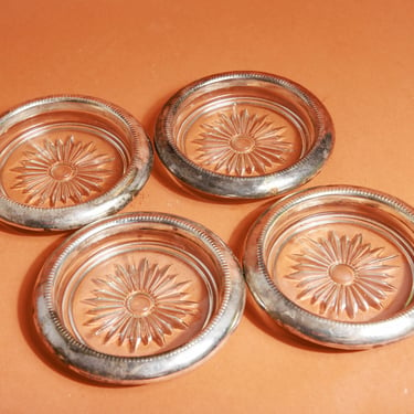 50s Silver Rounded Glass Etched Art Deco Star Coasters Set of 4 