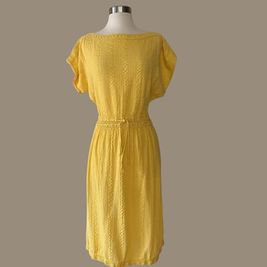 Vintage Gauze Cotton & Crochet Yellow Dress 