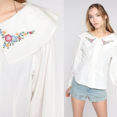 Peasant Blouse 90s White Floral Embroidered Collar Top Long Sleeve Button Up Victorian Shirt Retro Bohemian Vintage 1990s Cotton Small S 