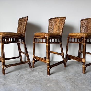 Vintage Organic Bamboo and Rattan Bar Stools with Woven Leather Seats – Set of 3 