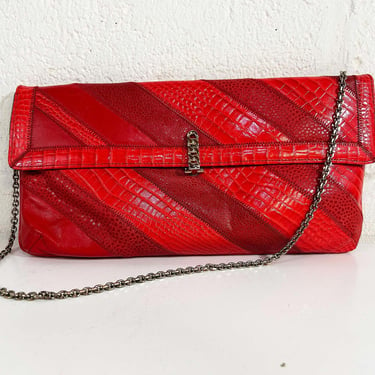 Vintage Purse Red Shoulder Bag Handbag Reptile Snake Skin Original Caprice Python Clutch Patchwork Snakeskin Leather Chain Purse 1980s 80s 