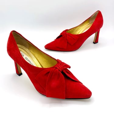Vintage 1990s Red Suede Pumps, 90s New Romantic Via Spiga High Heels Pointed Toe, Louis XIV Shoes, Made in Italy, Size 6 B US 45 EUR 
