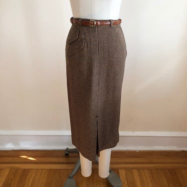 Green and Brown Wool Midi Pencil Skirt with Belt - 1960s 