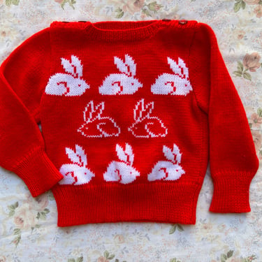 1980's Children's Red Bunny Knit Sweater 