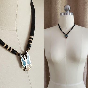 Vintage Silver Navajo Peyote Bird Necklace - with Turqouise and Coral on a Clay and Puka Shell Necklace - Estate Jewelry - Vintage jewelry 