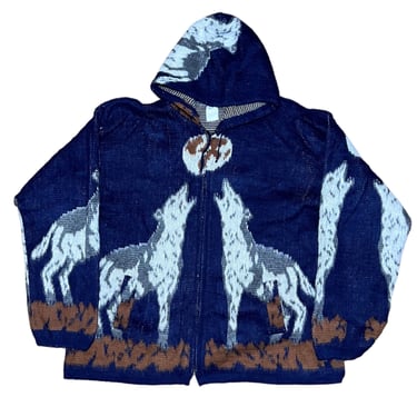 Vintage Pictorial Wolf Motif Wool Hoodie | Full Zip Sweater Hoodie 