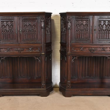 19th Century Belgian Gothic Revival Carved Dark Oak Bar Cabinets, Pair